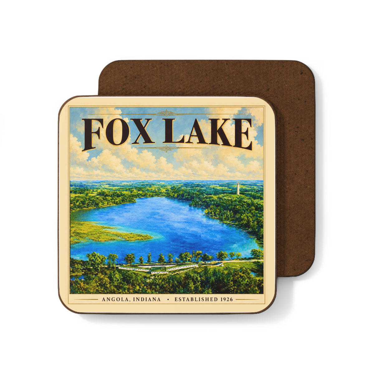 Fox Lake Scenic Coaster — Vintage Lakeview Hardboard Drink Coaster