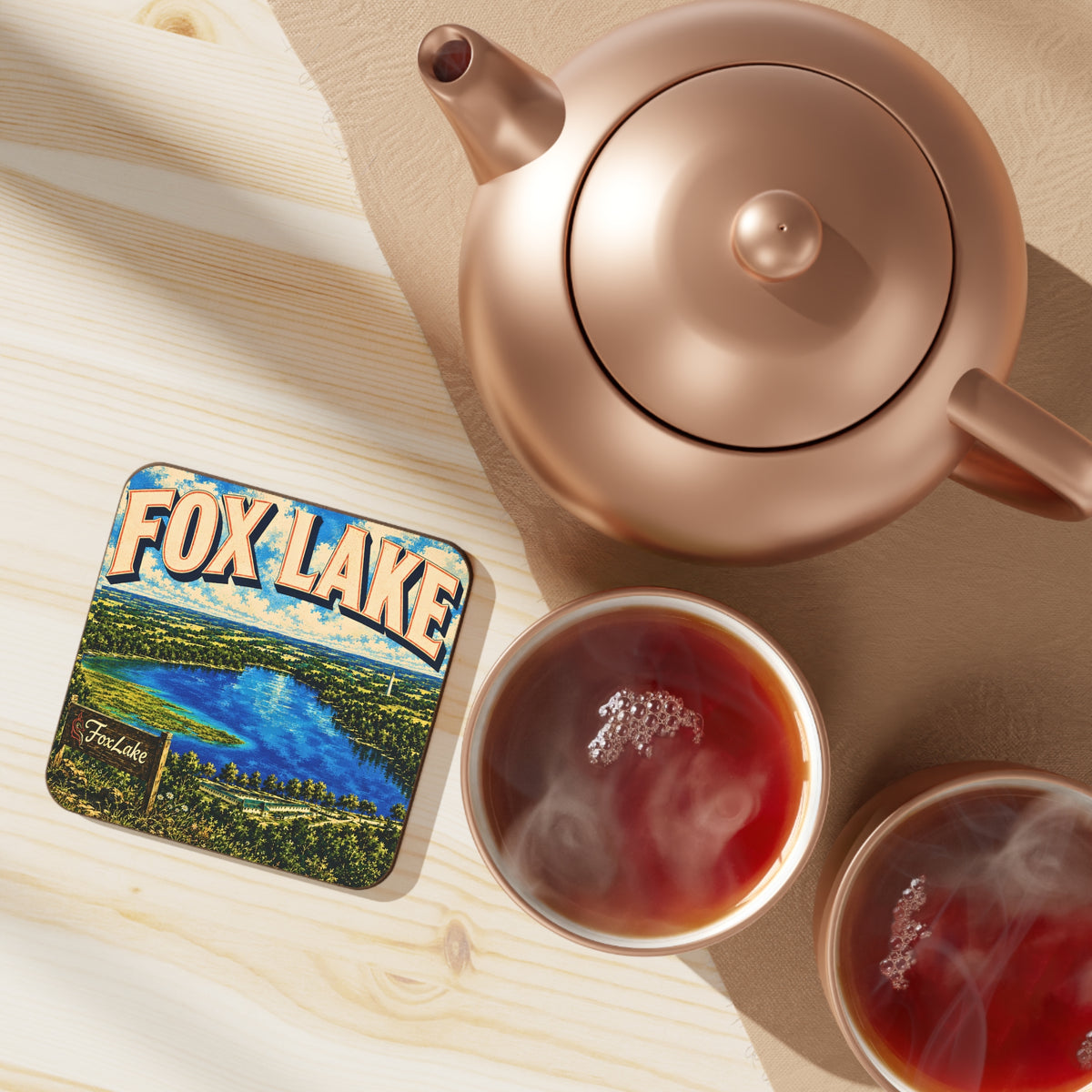 Fox Lake Coaster — Vibrant Lakeview Hardboard Drink Coaster