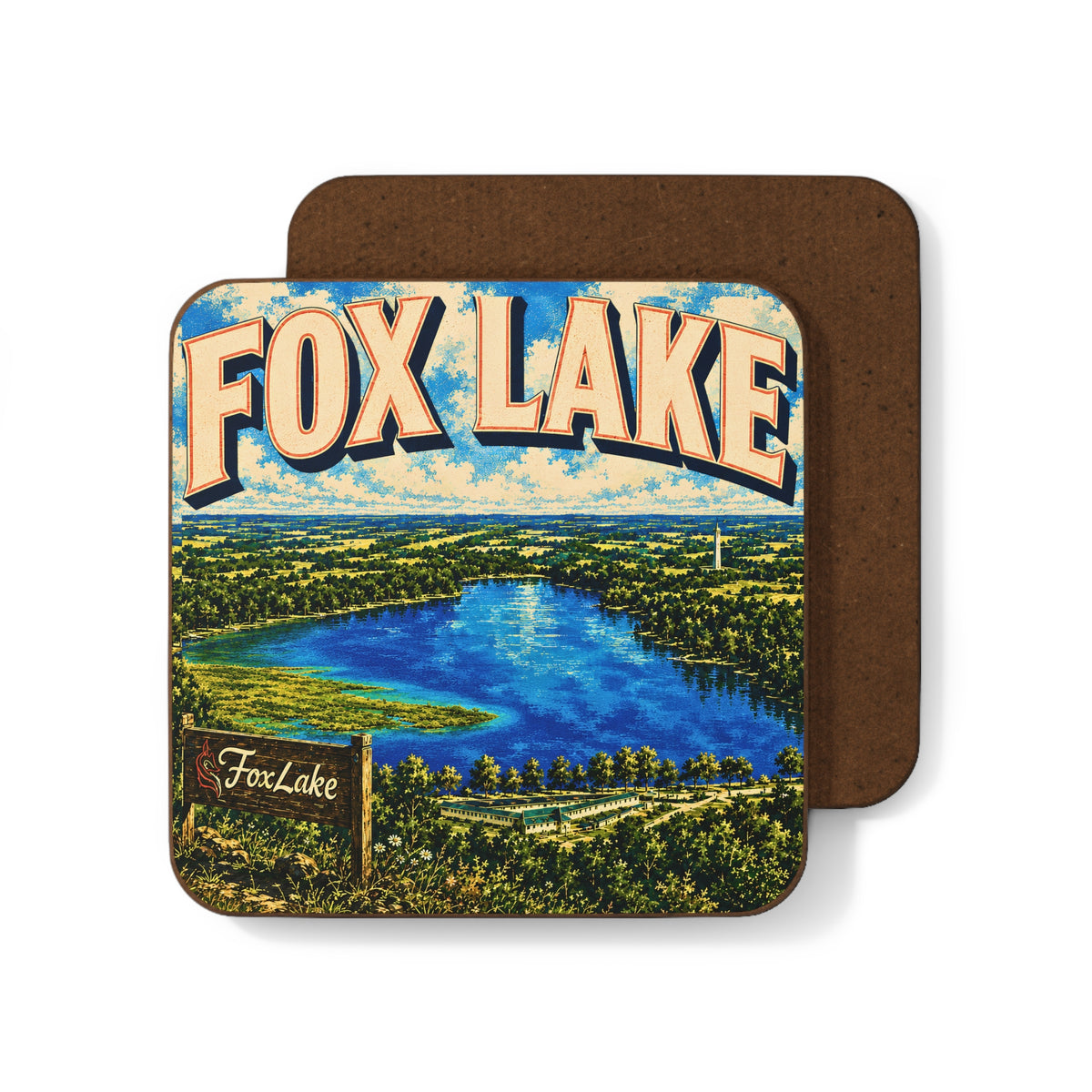 Fox Lake Coaster — Vibrant Lakeview Hardboard Drink Coaster
