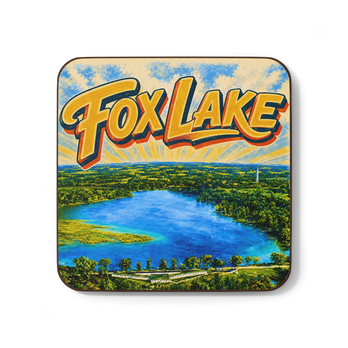 Fox Lake Coaster — Festive Lakeview Hardboard Drink Coaster